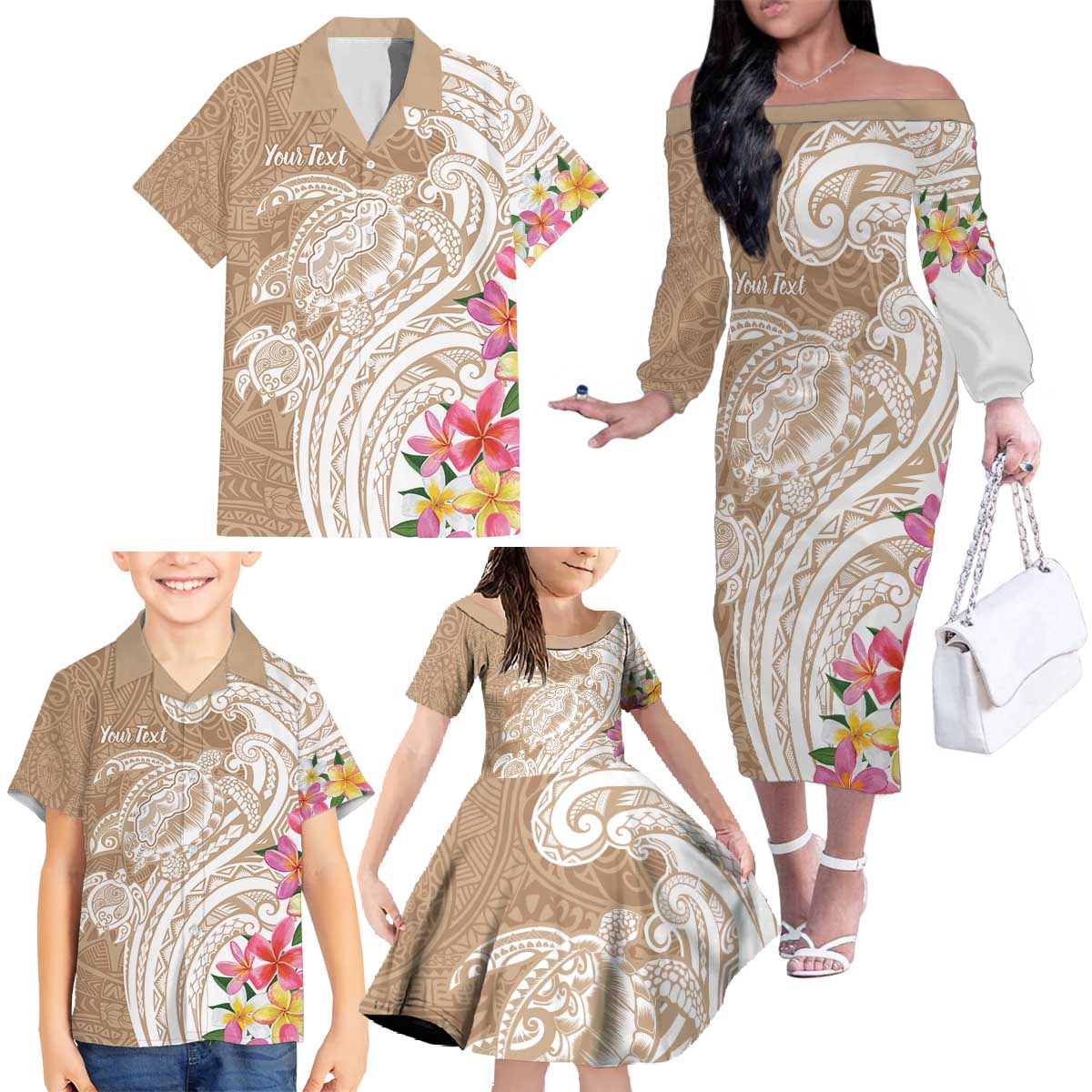 Aloha Niihau Island Personalized Family Matching Off The Shoulder Long Sleeve Dress and Hawaiian Shirt Beige Dreamy Turtle LT7 - Polynesian Pride