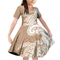 Aloha Niihau Island Personalized Family Matching Off Shoulder Short Dress and Hawaiian Shirt Beige Dreamy Turtle LT7 Daughter's Dress Beige - Polynesian Pride