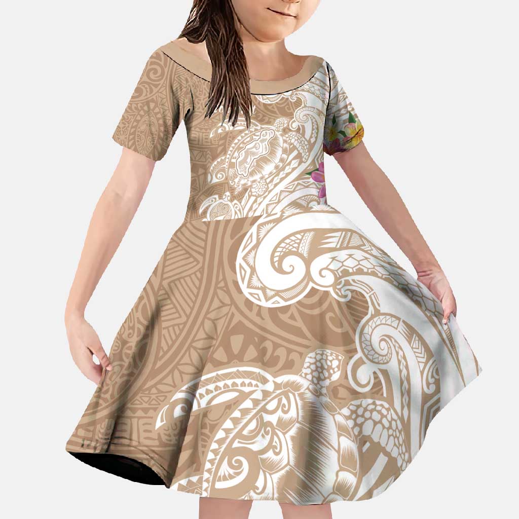 Aloha Niihau Island Personalized Family Matching Tank Maxi Dress and Hawaiian Shirt Beige Dreamy Turtle LT7 Daughter's Dress Beige - Polynesian Pride
