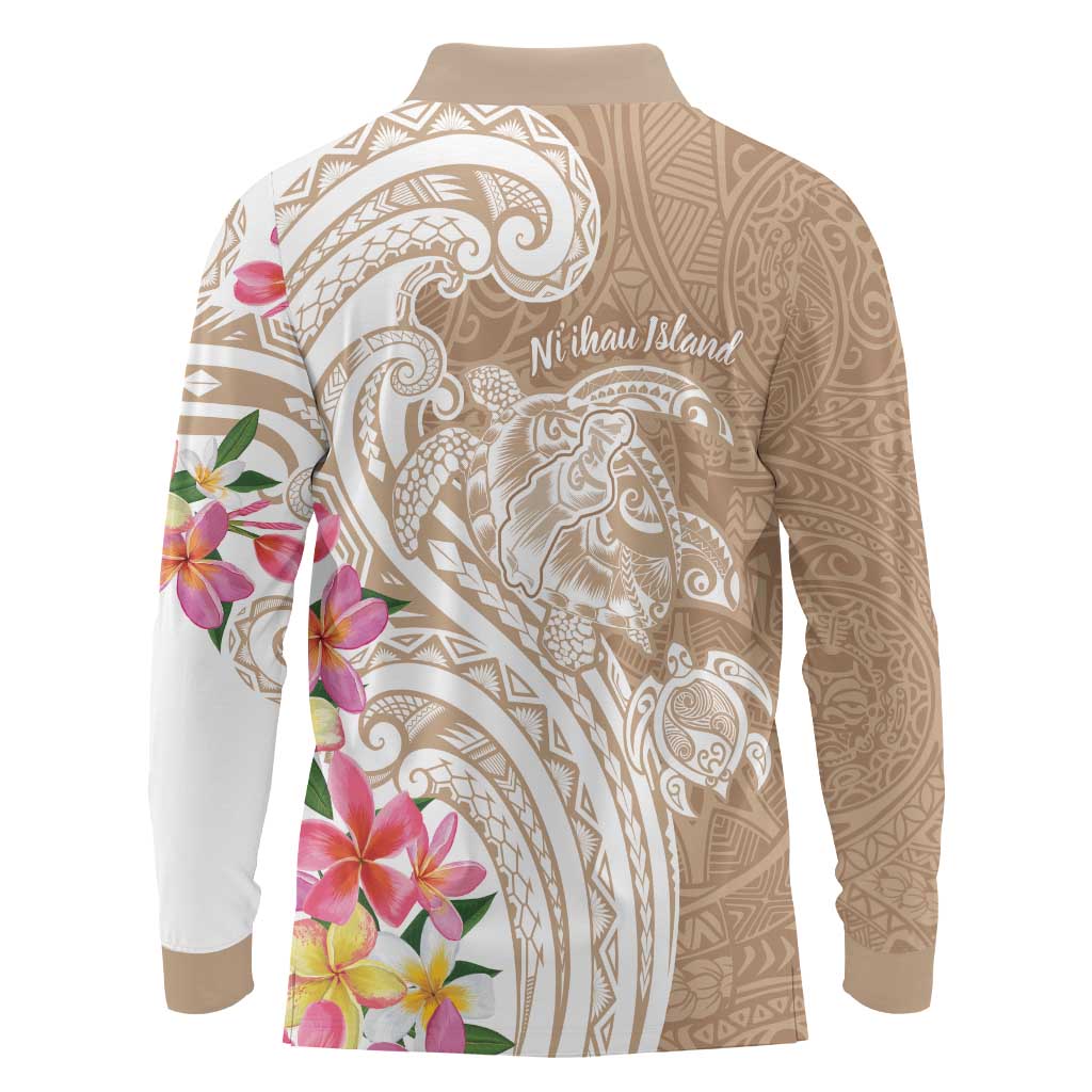 Aloha Niihau Island Personalized Long Sleeve Polo Shirt Beige Dreamy Turtle LT7 - Polynesian Pride