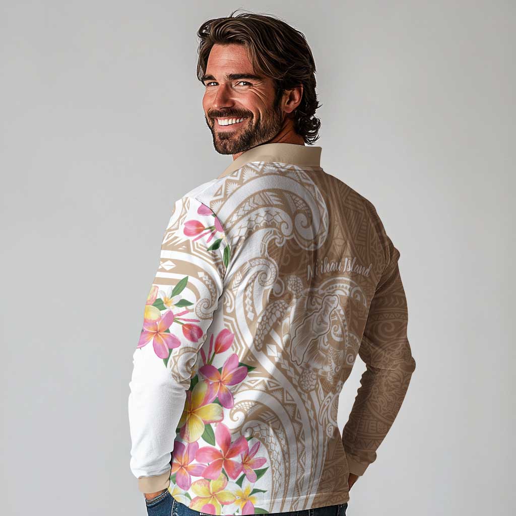 Aloha Niihau Island Personalized Long Sleeve Polo Shirt Beige Dreamy Turtle LT7 - Polynesian Pride