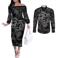 Hawaii Father's Day Vintage Lei Couples Matching Off The Shoulder Long Sleeve Dress and Long Sleeve Button Shirt Hauoli la Makuakane - Black LT7 Black - Polynesian Pride