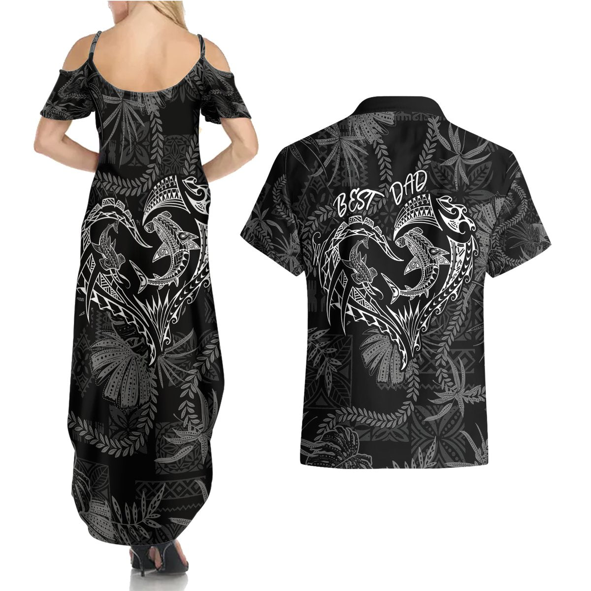 Hawaii Father's Day Vintage Lei Couples Matching Summer Maxi Dress and Hawaiian Shirt Hauoli la Makuakane - Black LT7 - Polynesian Pride
