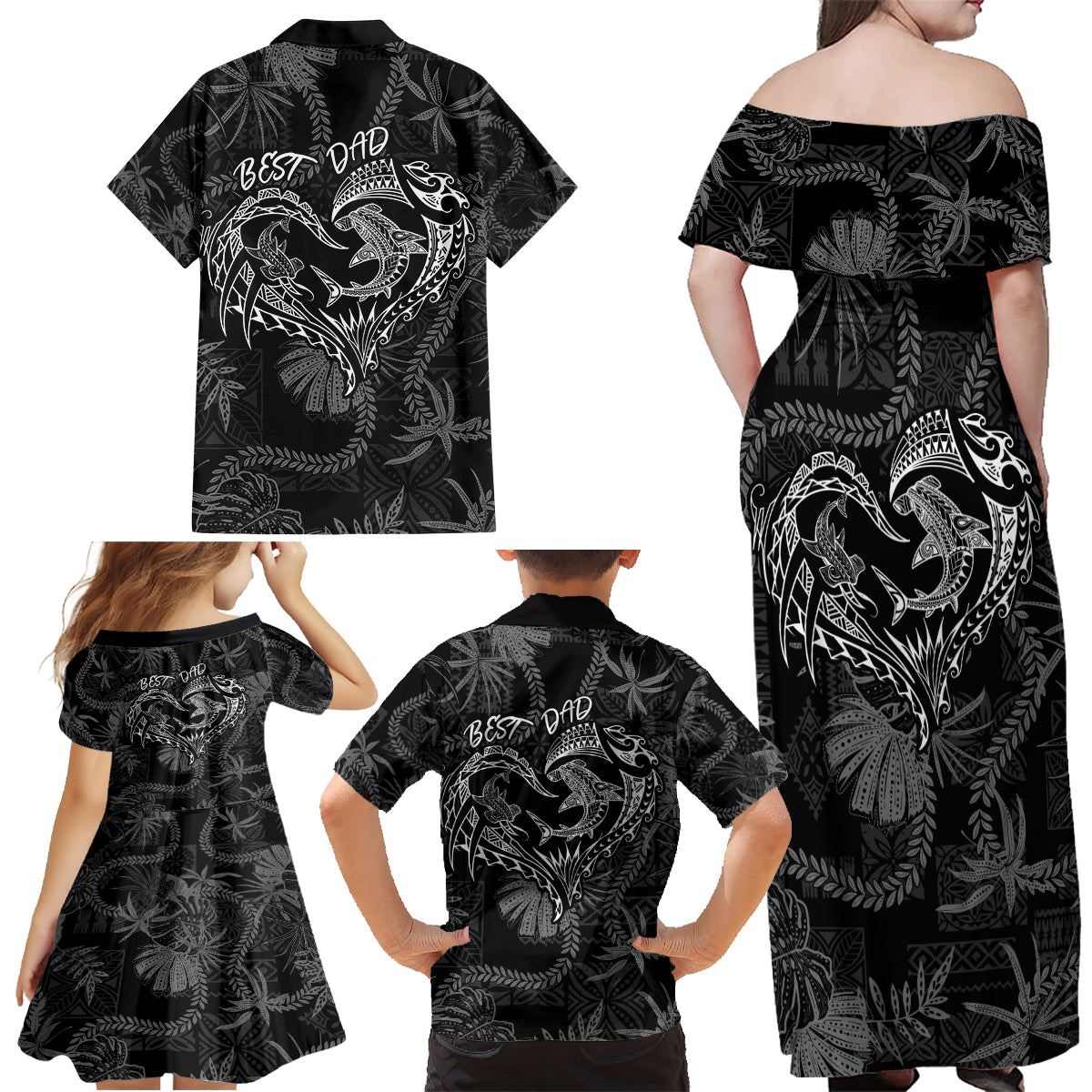 Hawaii Father's Day Vintage Lei Family Matching Off Shoulder Maxi Dress and Hawaiian Shirt Hauoli la Makuakane - Black LT7 - Polynesian Pride