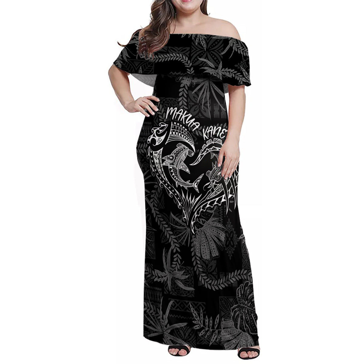 Hawaii Father's Day Vintage Lei Family Matching Off Shoulder Maxi Dress and Hawaiian Shirt Hauoli la Makuakane - Black LT7 Mom's Dress Black - Polynesian Pride