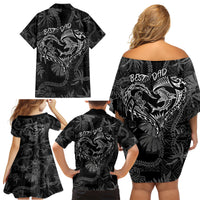 Hawaii Father's Day Vintage Lei Family Matching Off Shoulder Short Dress and Hawaiian Shirt Hauoli la Makuakane - Black LT7 - Polynesian Pride