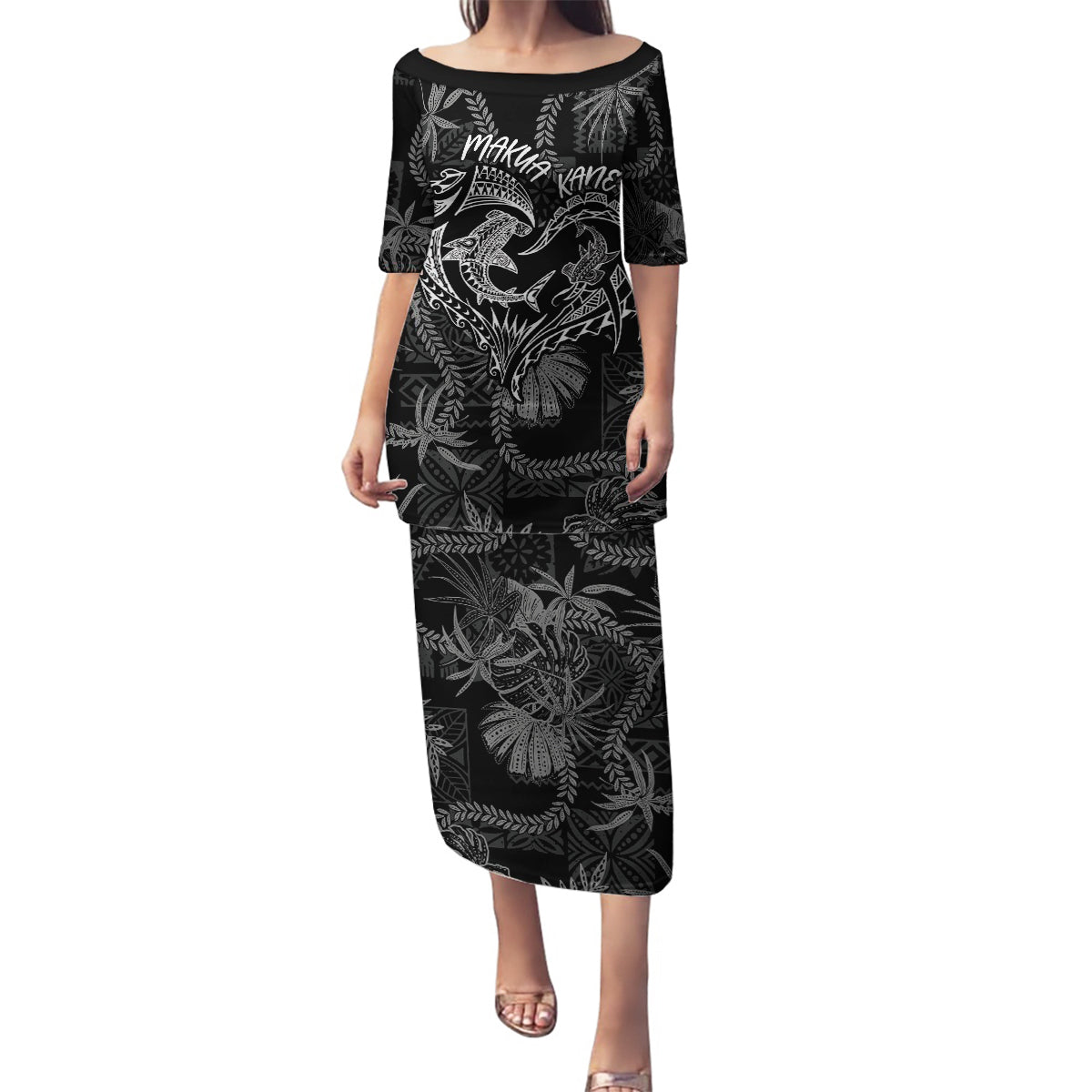Hawaii Father's Day Vintage Lei Family Matching Puletasi and Hawaiian Shirt Hauoli la Makuakane - Black LT7 Mom's Dress Black - Polynesian Pride