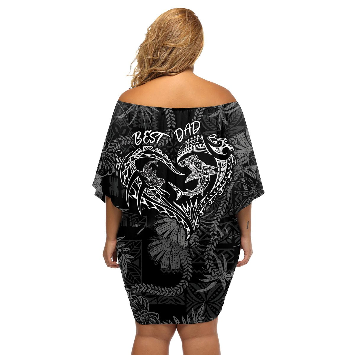 Hawaii Father's Day Vintage Lei Off Shoulder Short Dress Hauoli la Makuakane - Black