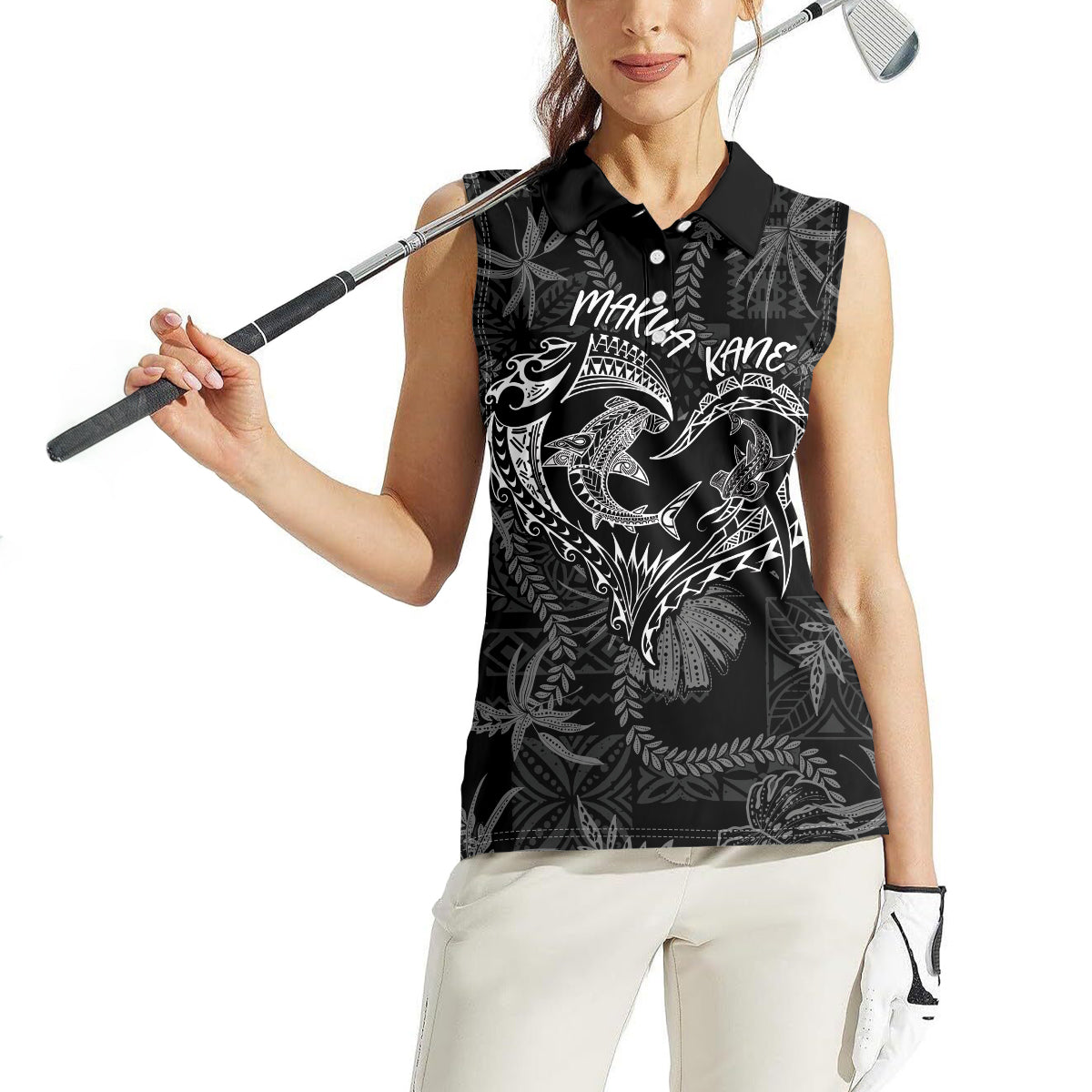 Hawaii Father's Day Vintage Lei Women Sleeveless Polo Shirt Hauoli la Makuakane - Black