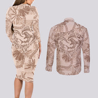 Hawaii Father's Day Vintage Lei Couples Matching Long Sleeve Bodycon Dress and Long Sleeve Button Shirt Hauoli la Makuakane - Beige LT7 - Polynesian Pride
