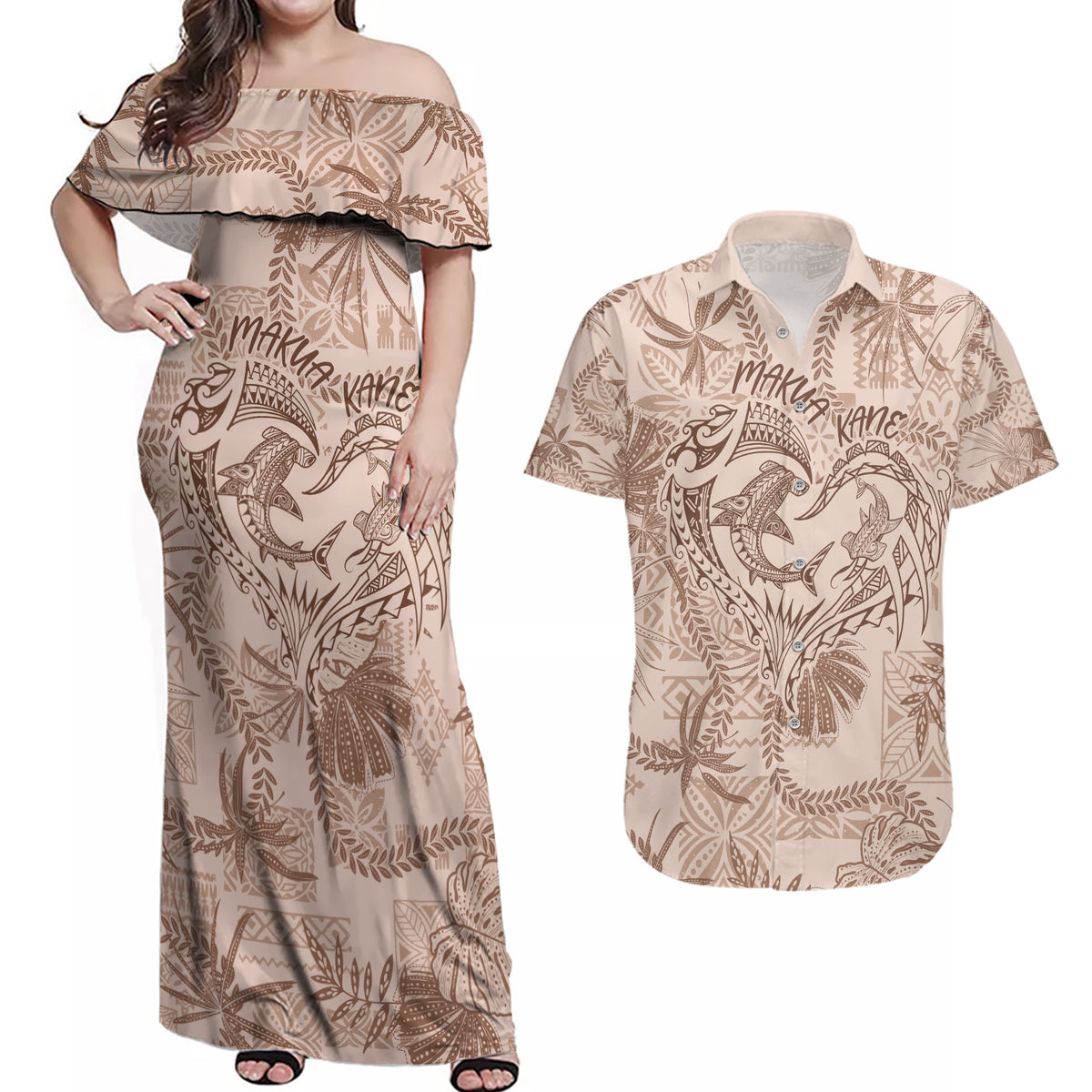 Hawaii Father's Day Vintage Lei Couples Matching Off Shoulder Maxi Dress and Hawaiian Shirt Hauoli la Makuakane - Beige LT7 Beige - Polynesian Pride