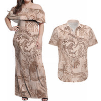 Hawaii Father's Day Vintage Lei Couples Matching Off Shoulder Maxi Dress and Hawaiian Shirt Hauoli la Makuakane - Beige LT7 Beige - Polynesian Pride