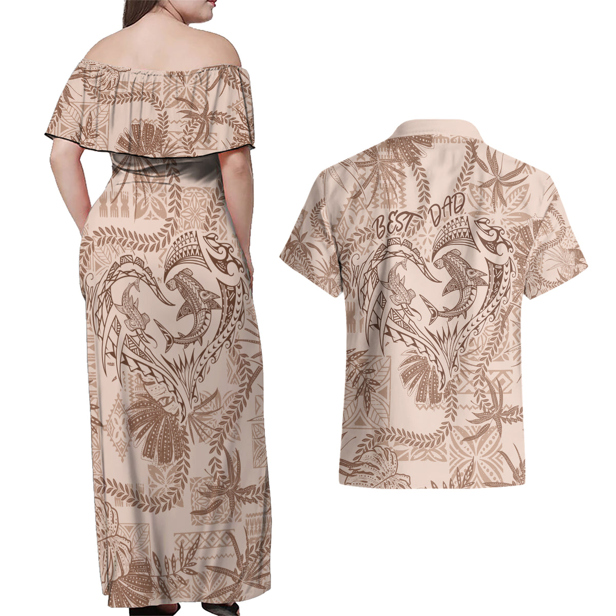 Hawaii Father's Day Vintage Lei Couples Matching Off Shoulder Maxi Dress and Hawaiian Shirt Hauoli la Makuakane - Beige LT7 - Polynesian Pride
