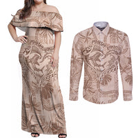 Hawaii Father's Day Vintage Lei Couples Matching Off Shoulder Maxi Dress and Long Sleeve Button Shirt Hauoli la Makuakane - Beige LT7 Beige - Polynesian Pride