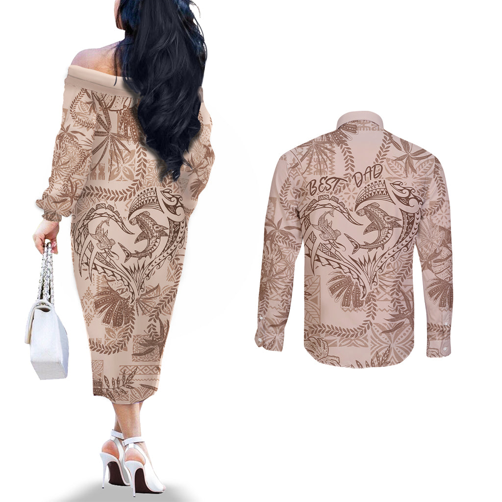 Hawaii Father's Day Vintage Lei Couples Matching Off The Shoulder Long Sleeve Dress and Long Sleeve Button Shirt Hauoli la Makuakane - Beige LT7 - Polynesian Pride