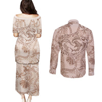 Hawaii Father's Day Vintage Lei Couples Matching Puletasi and Long Sleeve Button Shirt Hauoli la Makuakane - Beige
