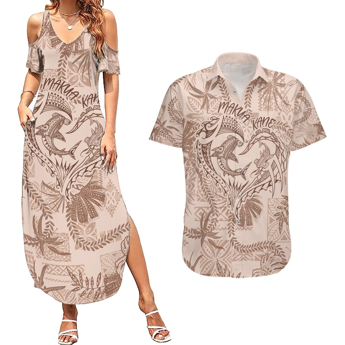 Hawaii Father's Day Vintage Lei Couples Matching Summer Maxi Dress and Hawaiian Shirt Hauoli la Makuakane - Beige LT7 Beige - Polynesian Pride