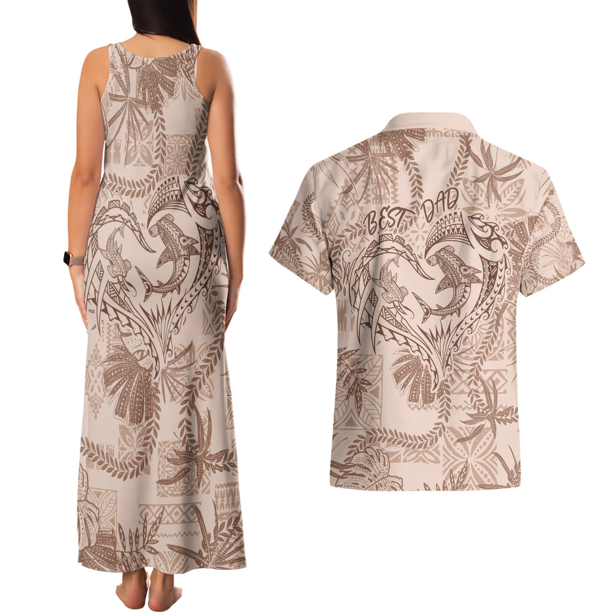 Hawaii Father's Day Vintage Lei Couples Matching Tank Maxi Dress and Hawaiian Shirt Hauoli la Makuakane - Beige LT7 - Polynesian Pride