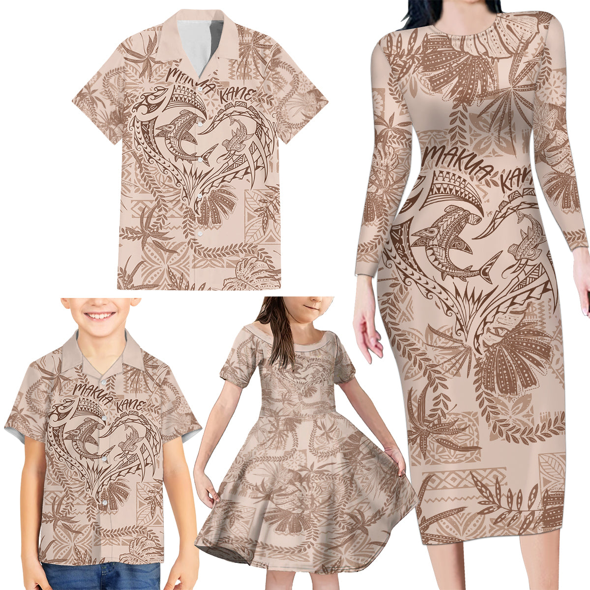 Hawaii Father's Day Vintage Lei Family Matching Long Sleeve Bodycon Dress and Hawaiian Shirt Hauoli la Makuakane - Beige LT7 - Polynesian Pride