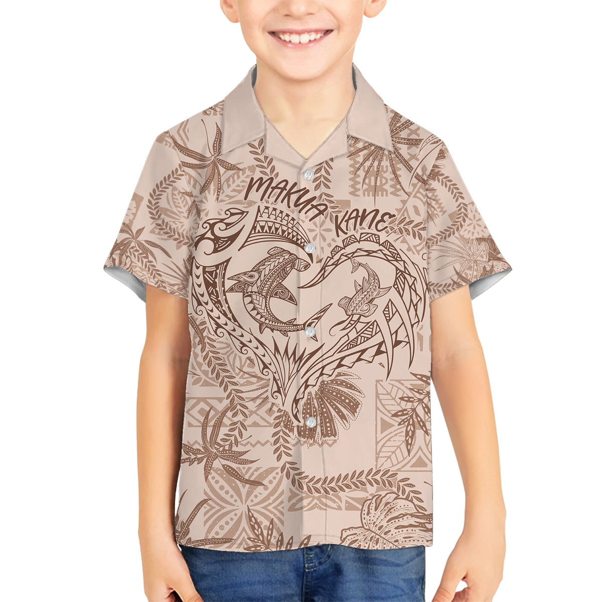 Hawaii Father's Day Vintage Lei Family Matching Long Sleeve Bodycon Dress and Hawaiian Shirt Hauoli la Makuakane - Beige LT7 Son's Shirt Beige - Polynesian Pride