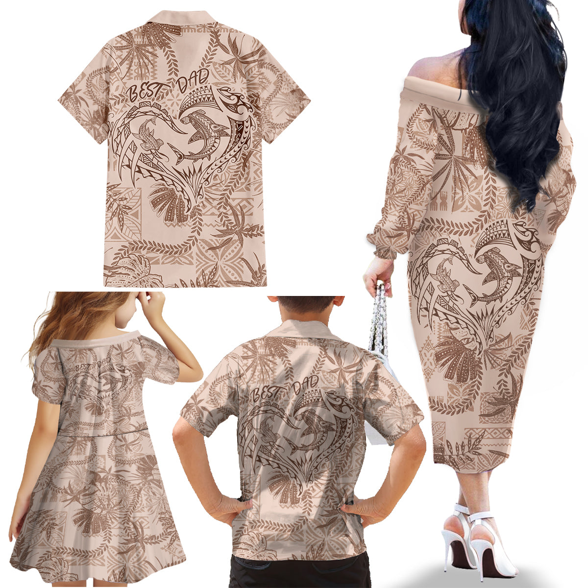 Hawaii Father's Day Vintage Lei Family Matching Off The Shoulder Long Sleeve Dress and Hawaiian Shirt Hauoli la Makuakane - Beige LT7 - Polynesian Pride