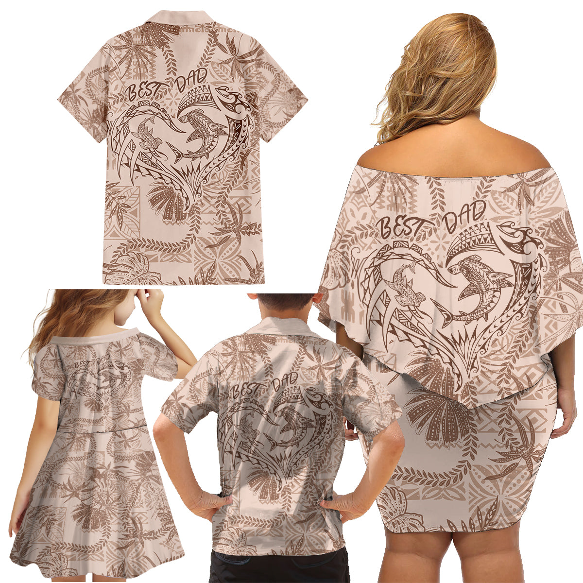 Hawaii Father's Day Vintage Lei Family Matching Off Shoulder Short Dress and Hawaiian Shirt Hauoli la Makuakane - Beige LT7 - Polynesian Pride