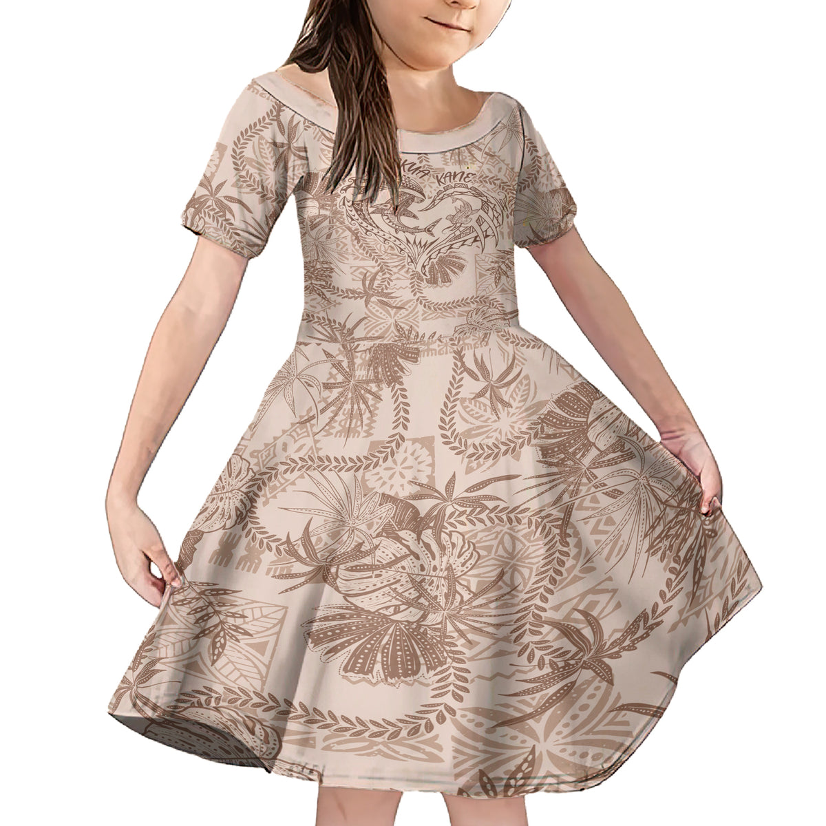 Hawaii Father's Day Vintage Lei Family Matching Short Sleeve Bodycon Dress and Hawaiian Shirt Hauoli la Makuakane - Beige LT7 Daughter's Dress Beige - Polynesian Pride