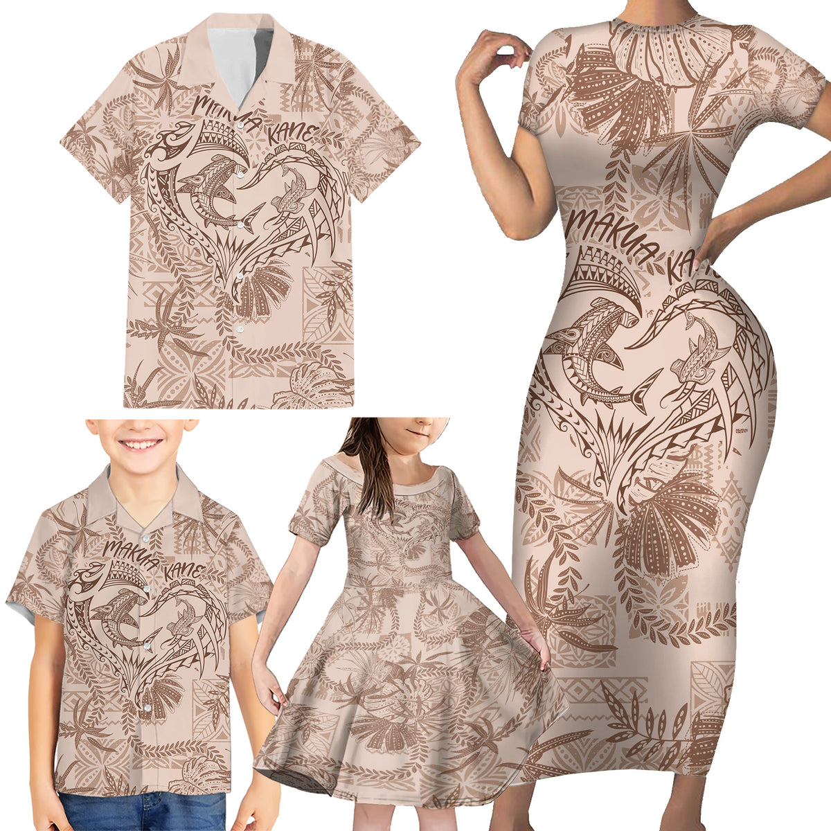 Hawaii Father's Day Vintage Lei Family Matching Short Sleeve Bodycon Dress and Hawaiian Shirt Hauoli la Makuakane - Beige LT7 - Polynesian Pride