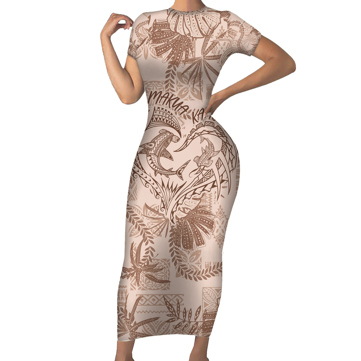 Hawaii Father's Day Vintage Lei Family Matching Short Sleeve Bodycon Dress and Hawaiian Shirt Hauoli la Makuakane - Beige LT7 Mom's Dress Beige - Polynesian Pride