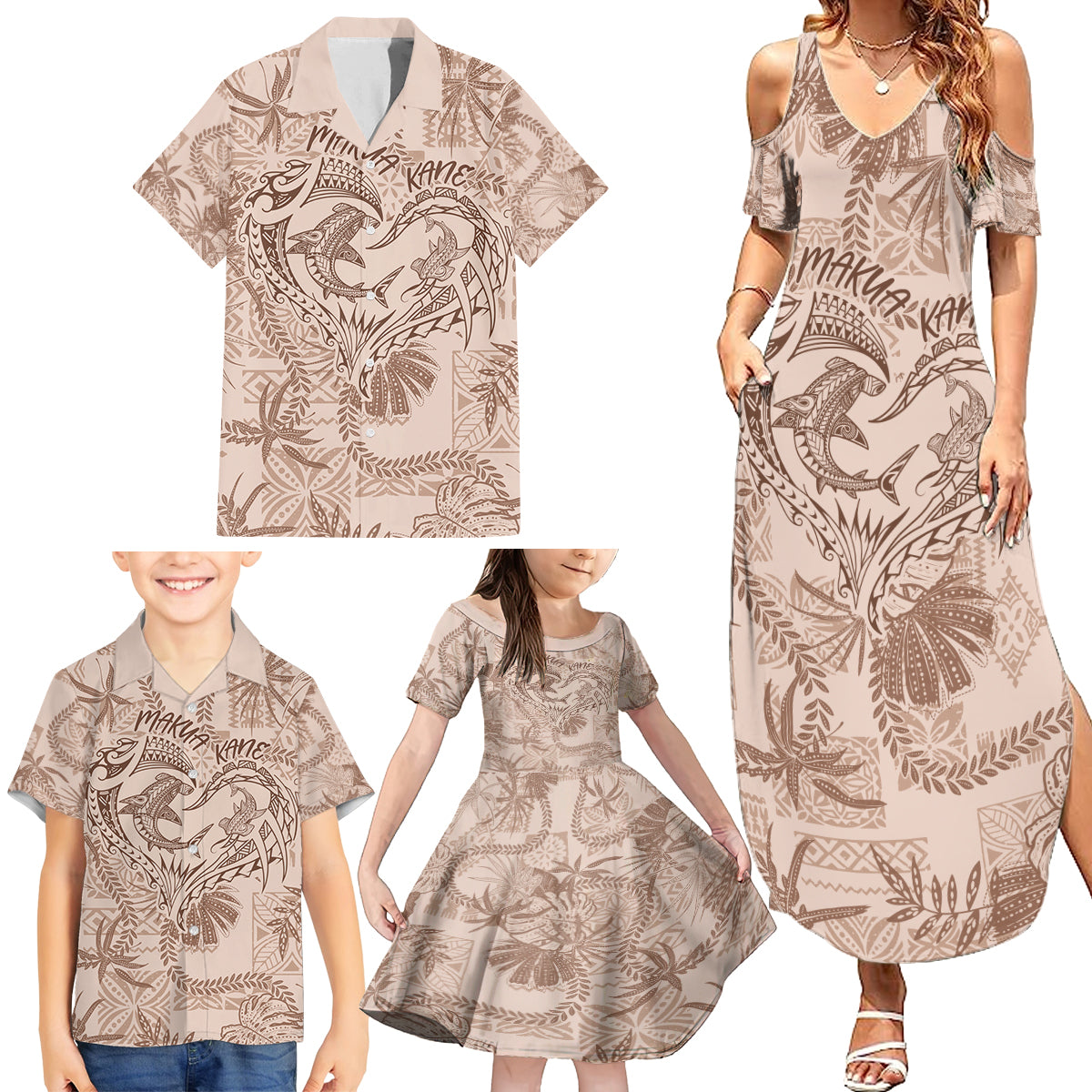 Hawaii Father's Day Vintage Lei Family Matching Summer Maxi Dress and Hawaiian Shirt Hauoli la Makuakane - Beige LT7 - Polynesian Pride