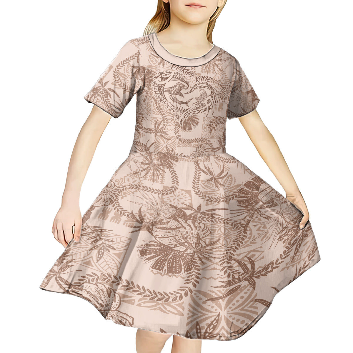 Hawaii Father's Day Vintage Lei Kid Short Sleeve Dress Hauoli la Makuakane - Beige LT7 - Polynesian Pride