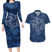 Hawaii Father's Day Vintage Lei Couples Matching Long Sleeve Bodycon Dress and Hawaiian Shirt Hauoli la Makuakane - Blue LT7 Blue - Polynesian Pride