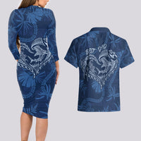 Hawaii Father's Day Vintage Lei Couples Matching Long Sleeve Bodycon Dress and Hawaiian Shirt Hauoli la Makuakane - Blue LT7 - Polynesian Pride