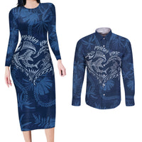 Hawaii Father's Day Vintage Lei Couples Matching Long Sleeve Bodycon Dress and Long Sleeve Button Shirt Hauoli la Makuakane - Blue LT7 Blue - Polynesian Pride
