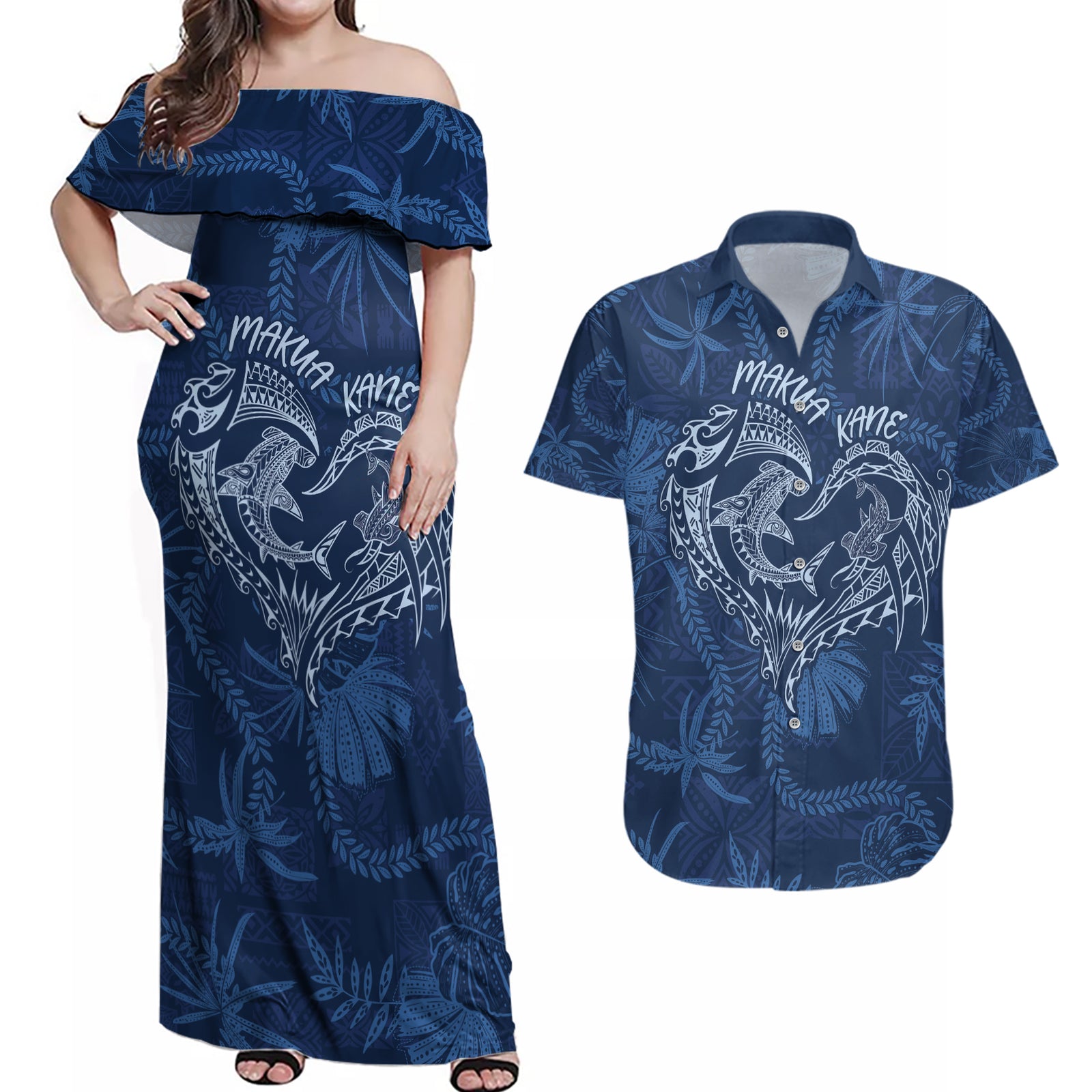 Hawaii Father's Day Vintage Lei Couples Matching Off Shoulder Maxi Dress and Hawaiian Shirt Hauoli la Makuakane - Blue