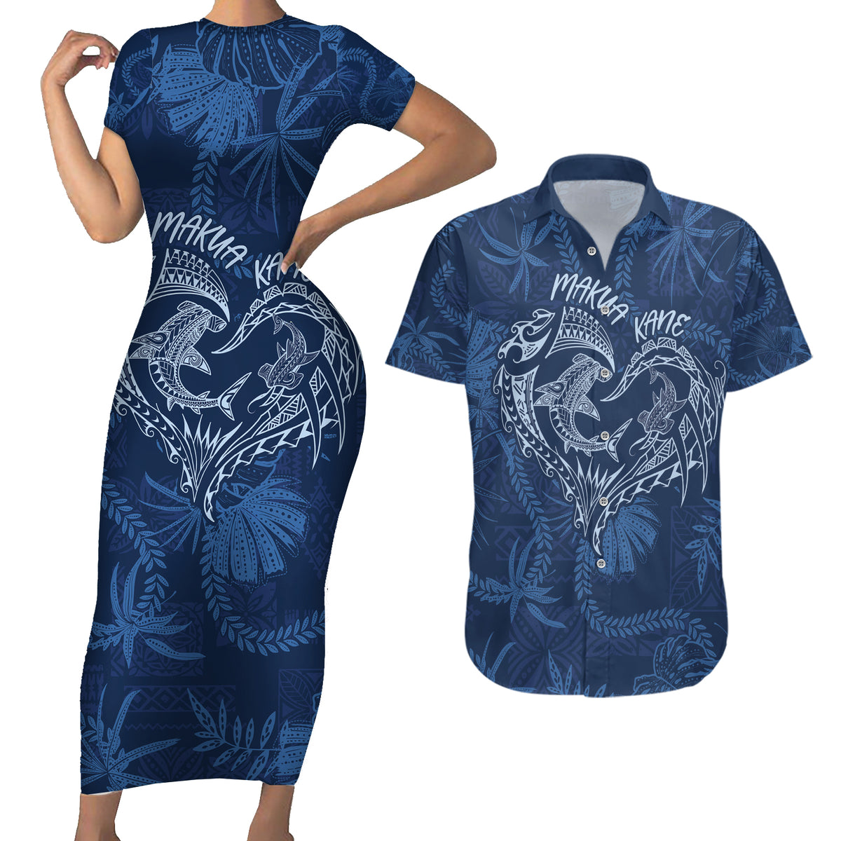 Hawaii Father's Day Vintage Lei Couples Matching Short Sleeve Bodycon Dress and Hawaiian Shirt Hauoli la Makuakane - Blue LT7 Blue - Polynesian Pride