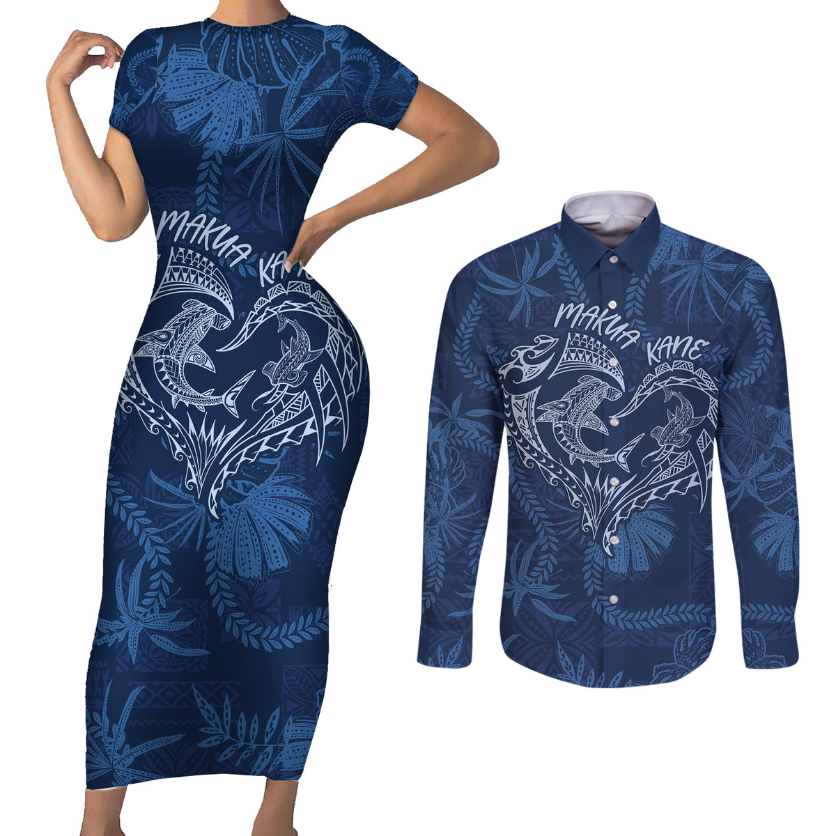 Hawaii Father's Day Vintage Lei Couples Matching Short Sleeve Bodycon Dress and Long Sleeve Button Shirt Hauoli la Makuakane - Blue LT7 Blue - Polynesian Pride