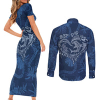 Hawaii Father's Day Vintage Lei Couples Matching Short Sleeve Bodycon Dress and Long Sleeve Button Shirt Hauoli la Makuakane - Blue LT7 - Polynesian Pride