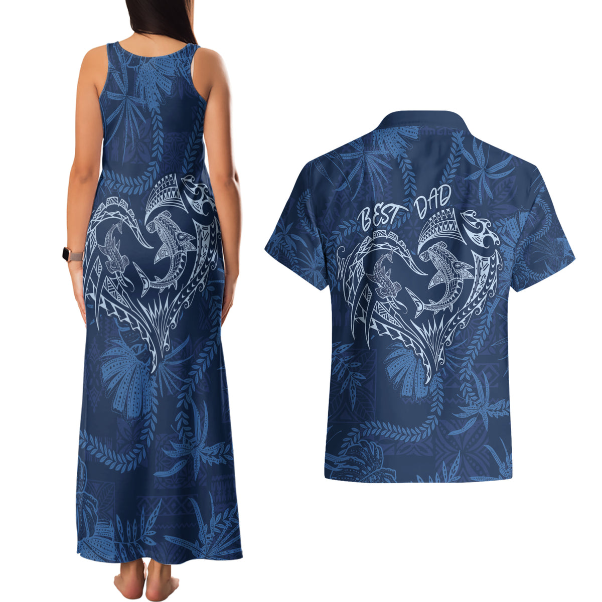 Hawaii Father's Day Vintage Lei Couples Matching Tank Maxi Dress and Hawaiian Shirt Hauoli la Makuakane - Blue LT7 - Polynesian Pride