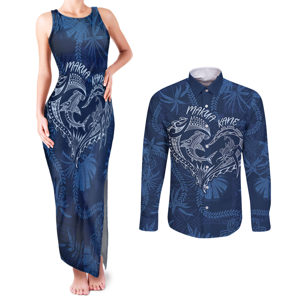 Hawaii Father's Day Vintage Lei Couples Matching Tank Maxi Dress and Long Sleeve Button Shirt Hauoli la Makuakane - Blue LT7 Blue - Polynesian Pride