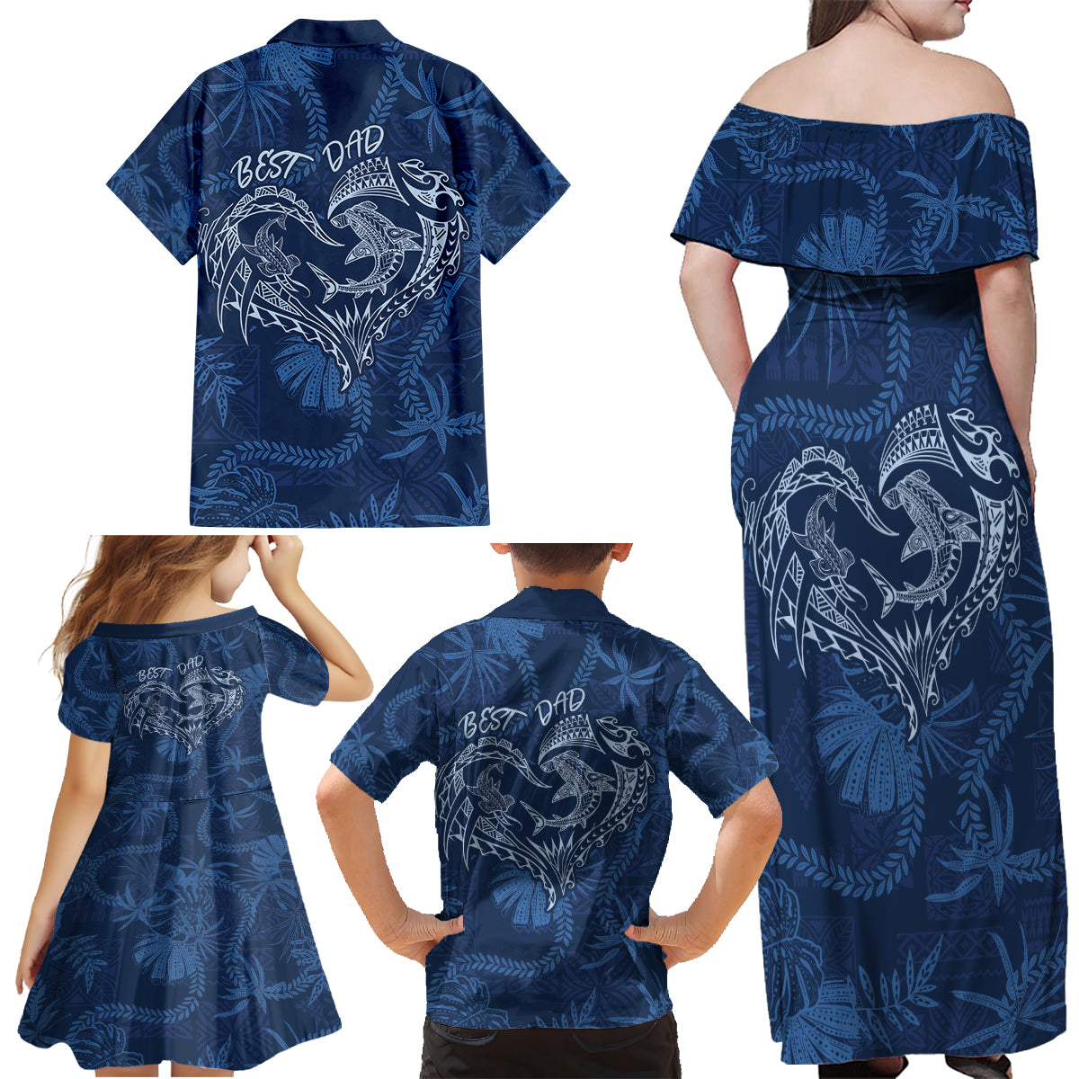 Hawaii Father's Day Vintage Lei Family Matching Off Shoulder Maxi Dress and Hawaiian Shirt Hauoli la Makuakane - Blue LT7 - Polynesian Pride