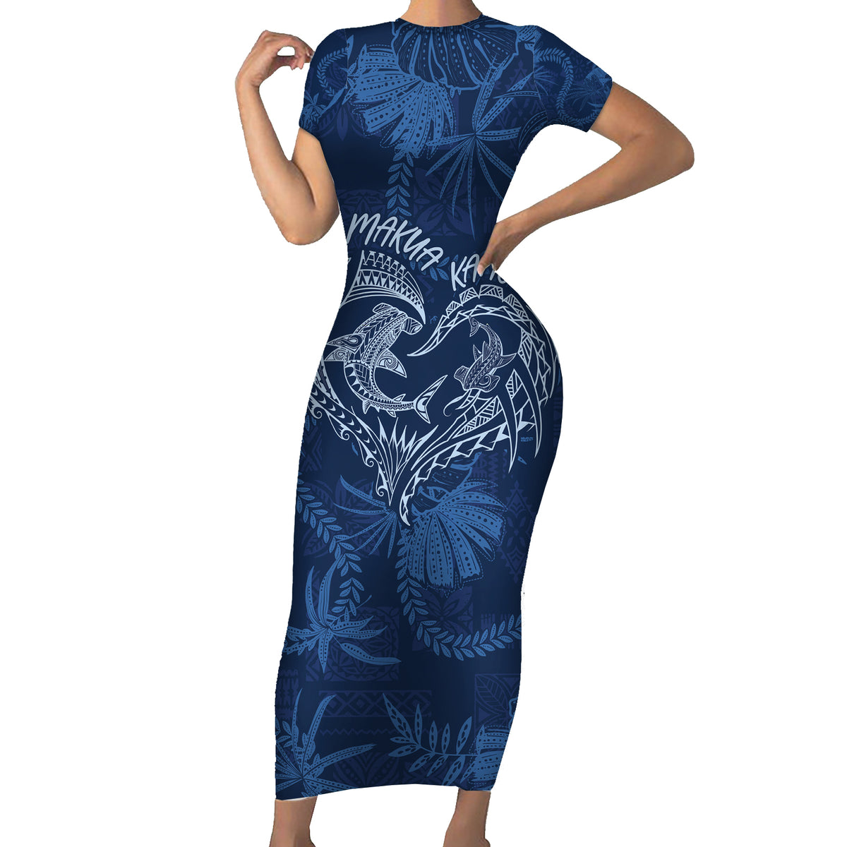 Hawaii Father's Day Vintage Lei Family Matching Short Sleeve Bodycon Dress and Hawaiian Shirt Hauoli la Makuakane - Blue LT7 Mom's Dress Blue - Polynesian Pride