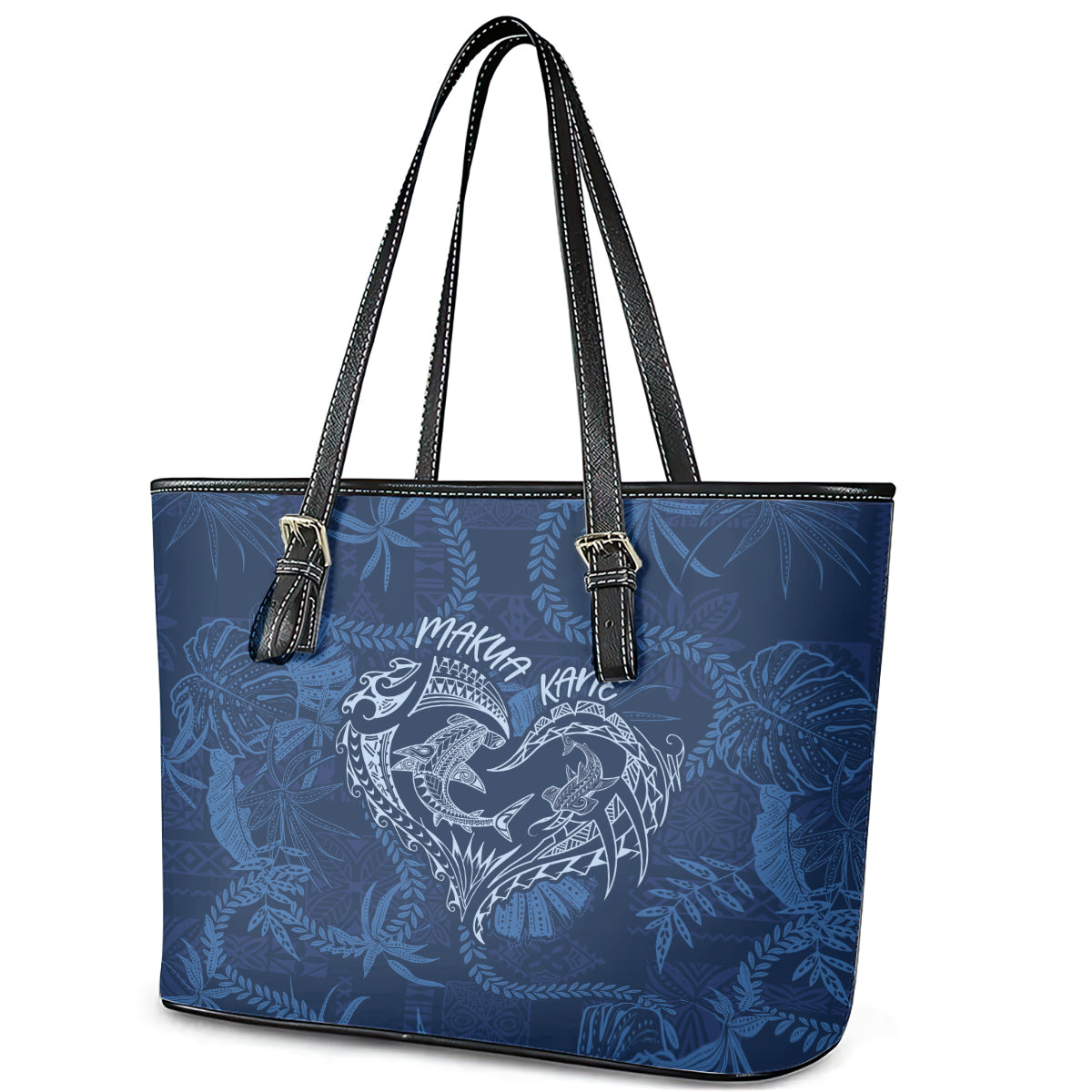 Hawaii Father's Day Vintage Lei Leather Tote Bag Hauoli la Makuakane - Blue