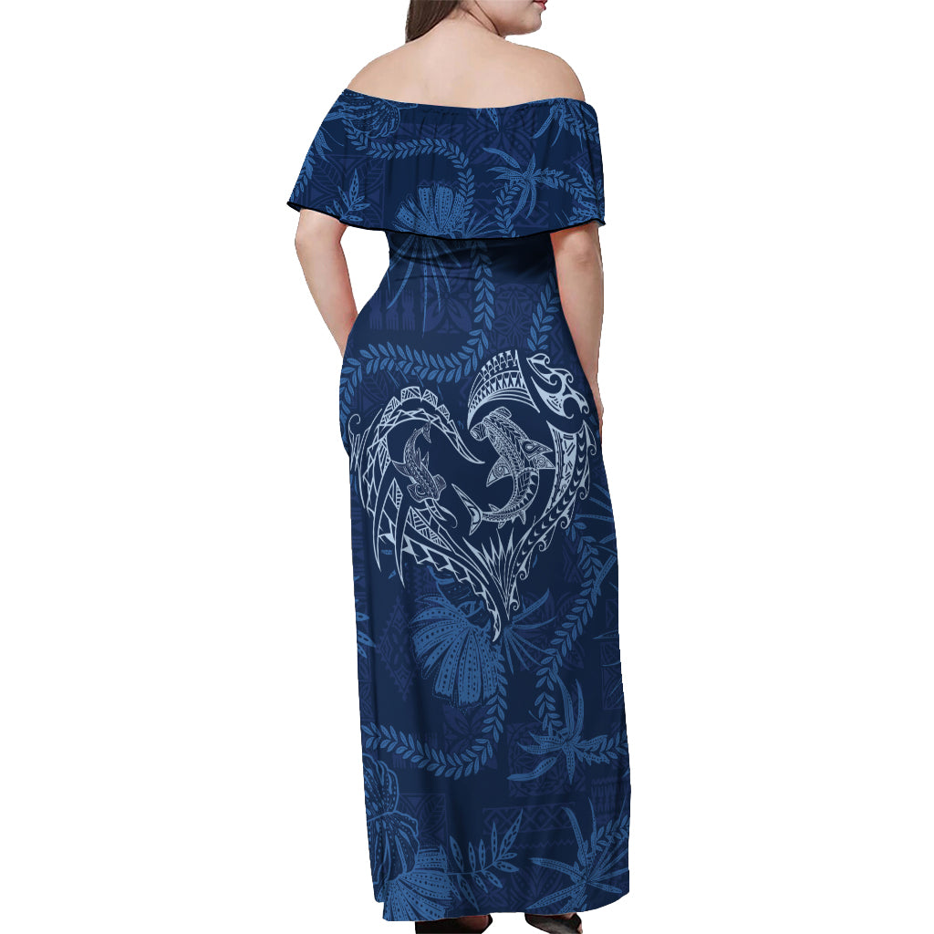 Hawaii Father's Day Vintage Lei Off Shoulder Maxi Dress Hauoli la Makuakane - Blue