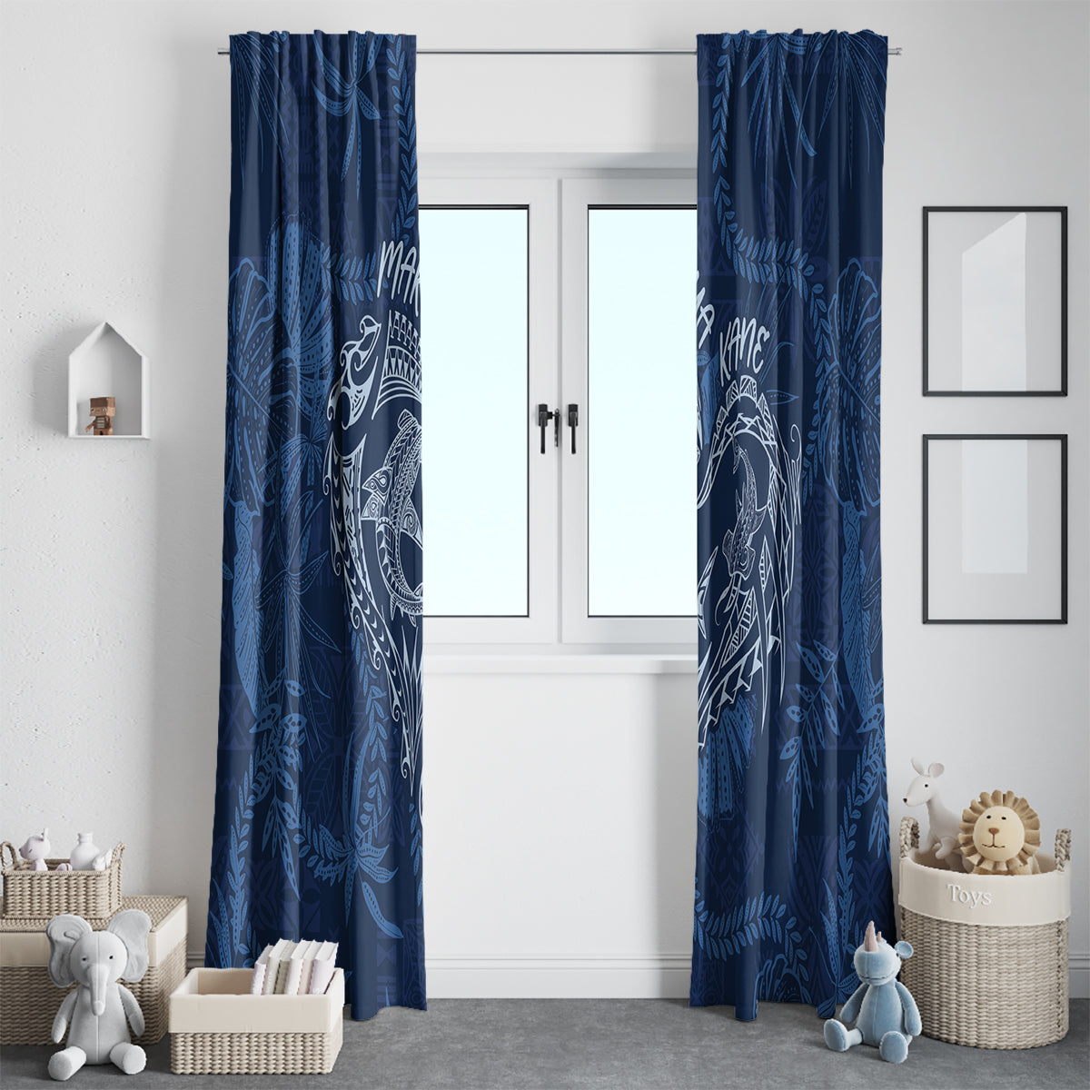 Hawaii Father's Day Vintage Lei Window Curtain Hauoli la Makuakane - Blue