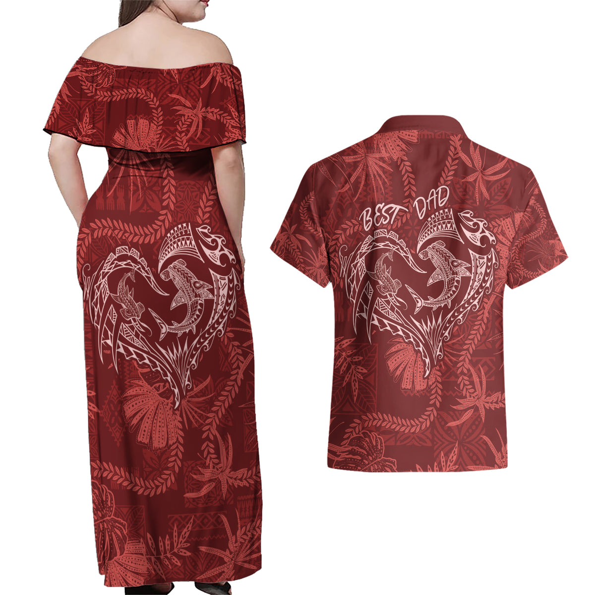 Hawaii Father's Day Vintage Lei Couples Matching Off Shoulder Maxi Dress and Hawaiian Shirt Hauoli la Makuakane - Red LT7 - Polynesian Pride