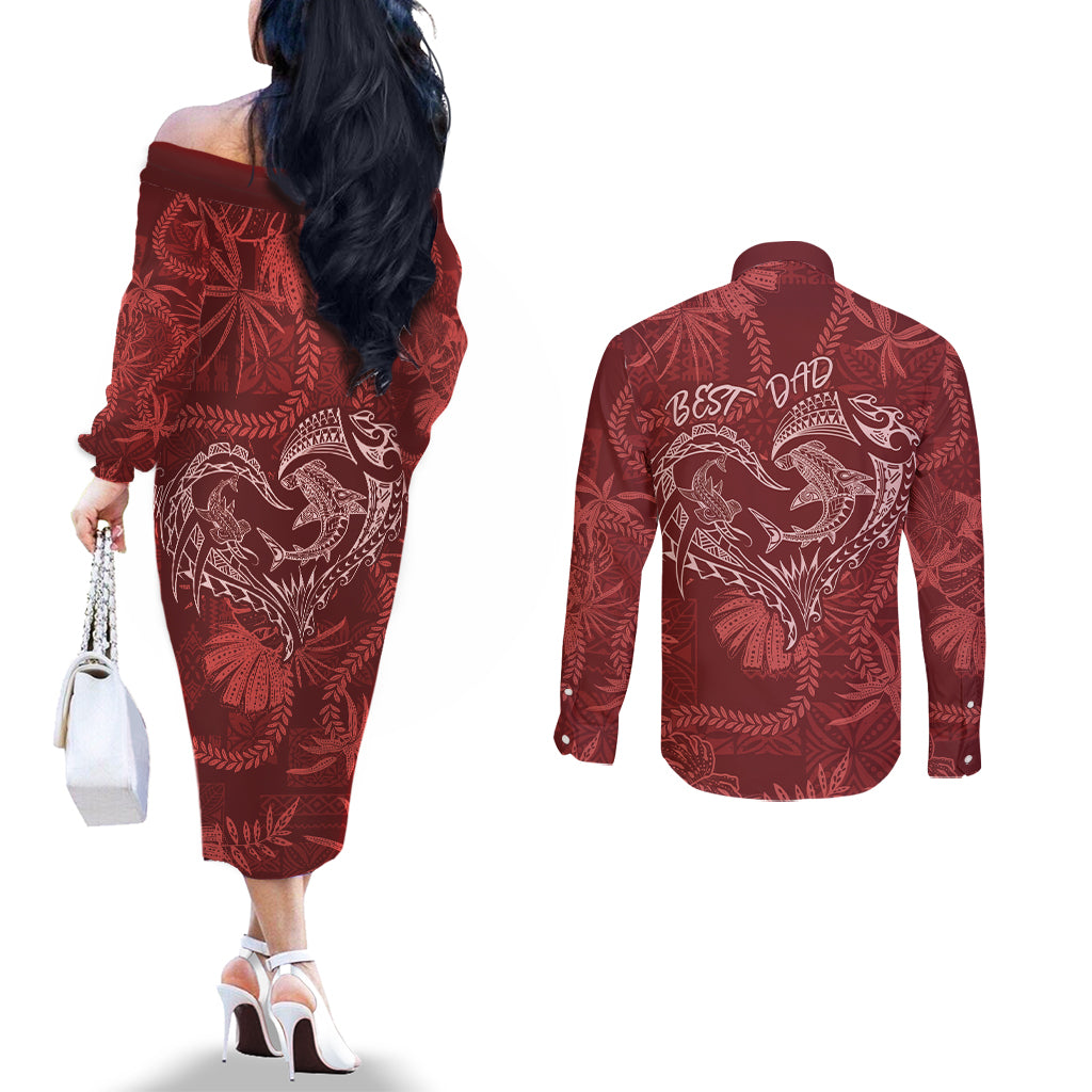 Hawaii Father's Day Vintage Lei Couples Matching Off The Shoulder Long Sleeve Dress and Long Sleeve Button Shirt Hauoli la Makuakane - Red LT7 - Polynesian Pride