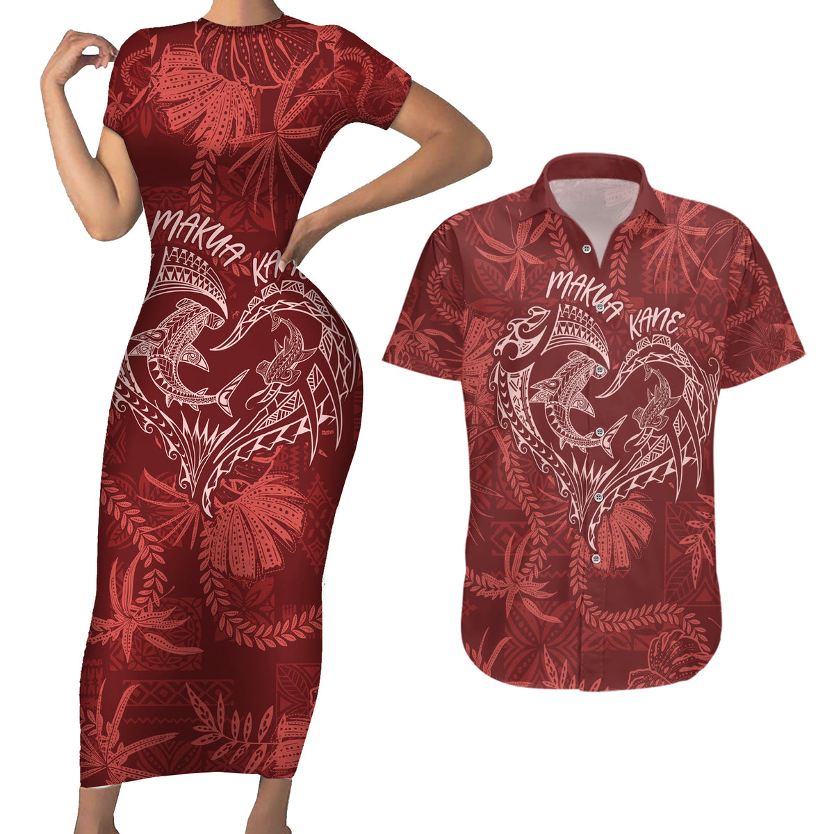 Hawaii Father's Day Vintage Lei Couples Matching Short Sleeve Bodycon Dress and Hawaiian Shirt Hauoli la Makuakane - Red LT7 Red - Polynesian Pride