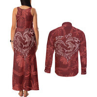 Hawaii Father's Day Vintage Lei Couples Matching Tank Maxi Dress and Long Sleeve Button Shirt Hauoli la Makuakane - Red LT7 - Polynesian Pride