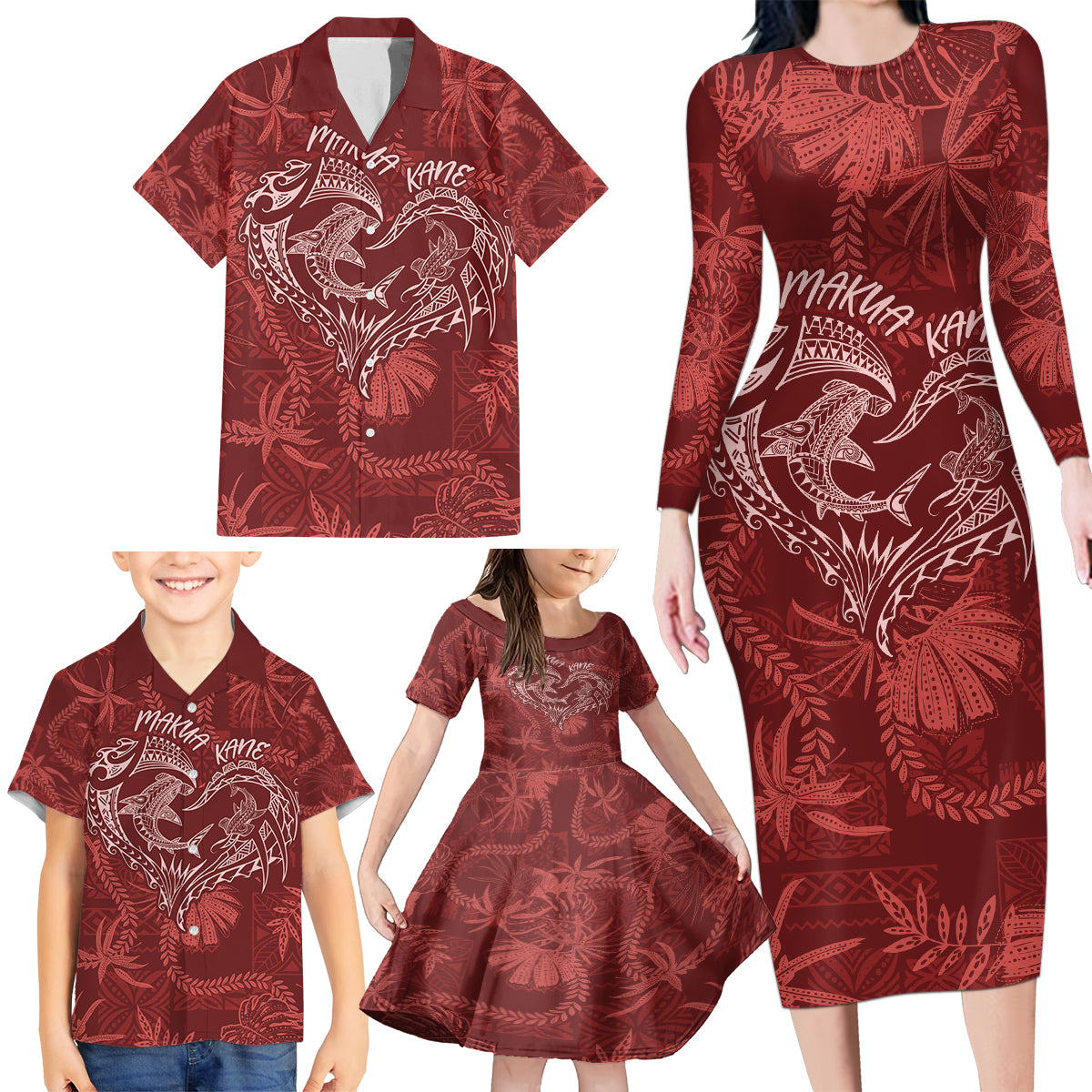 Hawaii Father's Day Vintage Lei Family Matching Long Sleeve Bodycon Dress and Hawaiian Shirt Hauoli la Makuakane - Red LT7 - Polynesian Pride